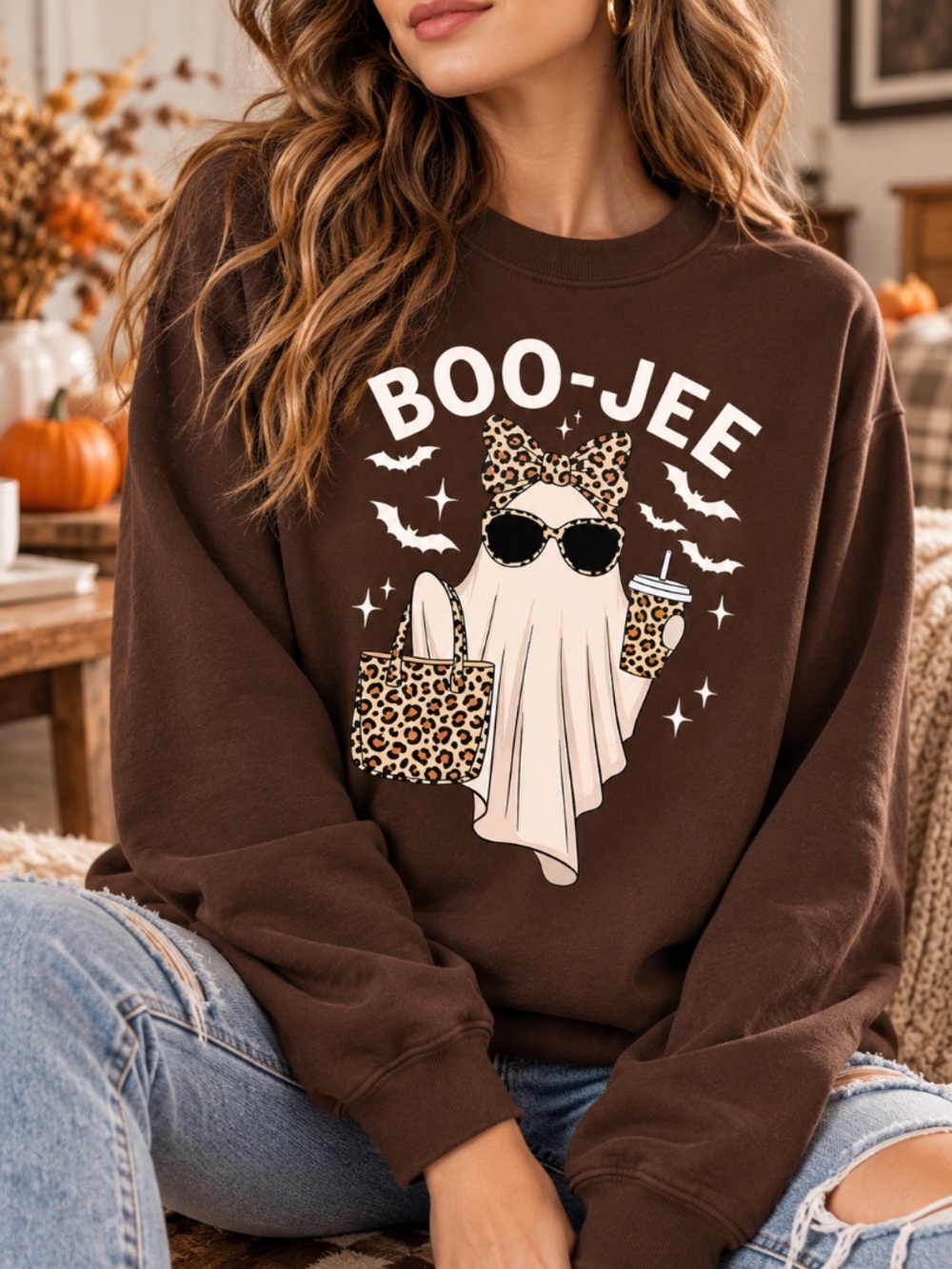 Boo-Jee Ghost Halloween Shirt Leopard Coffee Sweatshirt Gildan Dark Chocolate